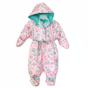 ROTHSCHILD 18 Months Girls New Pink & Aqua Floral Pile Front Snowsuit with Hood
